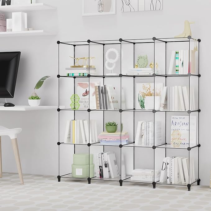 HOMIDEC Book Shelf 16 Cubes Bookcase Bookshelf Cube Storage Organizer Portable Display Bookshelf Kids Bookshelf Book Case for Study Room,Bedroom,Office,Living Room,Closet Transparent - LeafyLoom