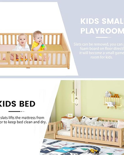 Multifunctional Full Size Floor Bed with Safety Guardrails and Door, Removable Wood Slats, Montessori Beds Frame for Toddlers, for Boys and Girls, Natural - LeafyLoom