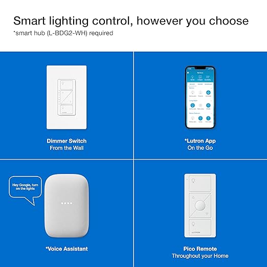 Lutron Caseta 3 Way Smart Dimmer Switch Kit, w/ Wireless 3 way Pico Remote and Bracket, Light Switch for LED Lights, No Neutral Required, P-PKG1WB-WH Lutron