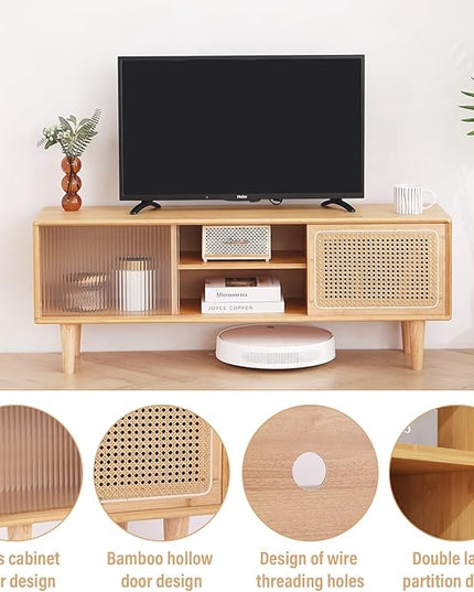 Tiita Rattan TV Stand for 55 Inch TV, Bamboo TV Cabinet with Adjustable Shelf and Storage, Boho Entertainment Center, Mid Century Modern Media Console for Bedroom, Living Room, Study (Natural) - LeafyLoom
