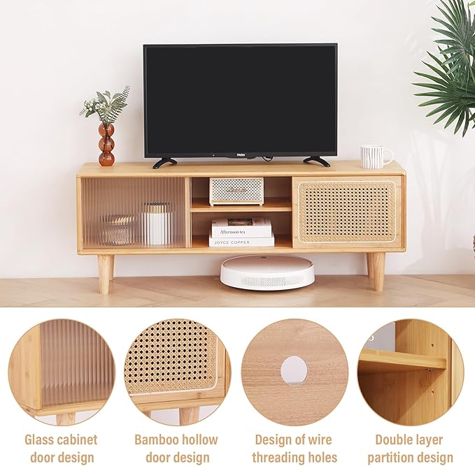 Tiita Rattan TV Stand for 55 Inch TV, Bamboo TV Cabinet with Adjustable Shelf and Storage, Boho Entertainment Center, Mid Century Modern Media Console for Bedroom, Living Room, Study (Natural) - LeafyLoom