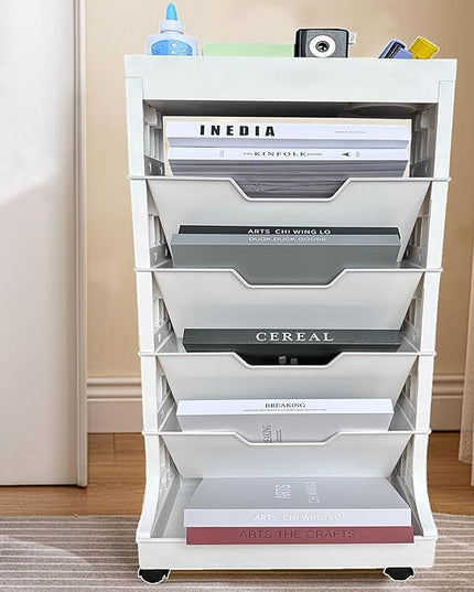 6 Tier Book Rack Storage Bookshelf, Removable Movable Bookshelf with Wheels, Mobile Unique Bookcase, Rolling Book Cart for Study in School Office, White - LeafyLoom