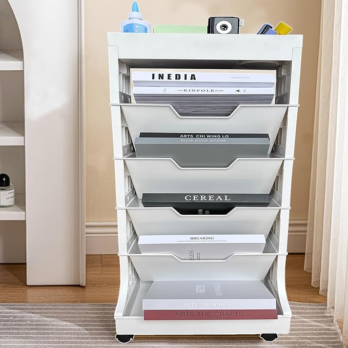 6 Tier Book Rack Storage Bookshelf, Removable Movable Bookshelf with Wheels, Mobile Unique Bookcase, Rolling Book Cart for Study in School Office, White - LeafyLoom