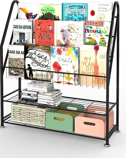 Kids Bookshelf Freestanding for Children Room 32 Inches Large Black Metal Bookcase Large Capacity Books Toys Organizer Stable 5 Tiers Kids Book Rack for Playroom Bookstore Library - LeafyLoom