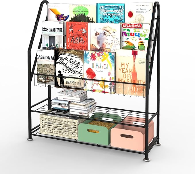 Kids Bookshelf Freestanding for Children Room 32 Inches Large Black Metal Bookcase Large Capacity Books Toys Organizer Stable 5 Tiers Kids Book Rack for Playroom Bookstore Library - LeafyLoom