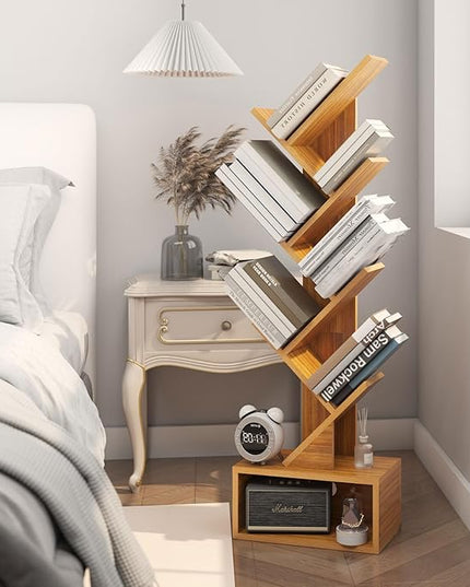 YMYNY 6 Tier Tree Bookshelf, Tall Bookcase, Wood Book Storage Rack with Drawer, Modern Floor Standing Book Shelf for Books/Movies/CDs, Utility Organizer for Living Room, Home Office, Natural UHBC016N - LeafyLoom