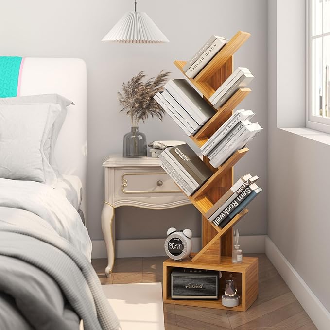 YMYNY 6 Tier Tree Bookshelf, Tall Bookcase, Wood Book Storage Rack with Drawer, Modern Floor Standing Book Shelf for Books/Movies/CDs, Utility Organizer for Living Room, Home Office, Natural UHBC016N - LeafyLoom