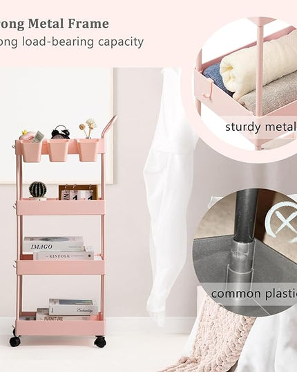 danpinera Slim Storage Cart, 4 Tier Bathroom Cart Organizer Narrow Laundry Cart with Wheels Dividers Hanging Cups Hooks Handle Makeup Lash Cart Shelf Organizer Rack Unit Easy Assembly, Pink - LeafyLoom