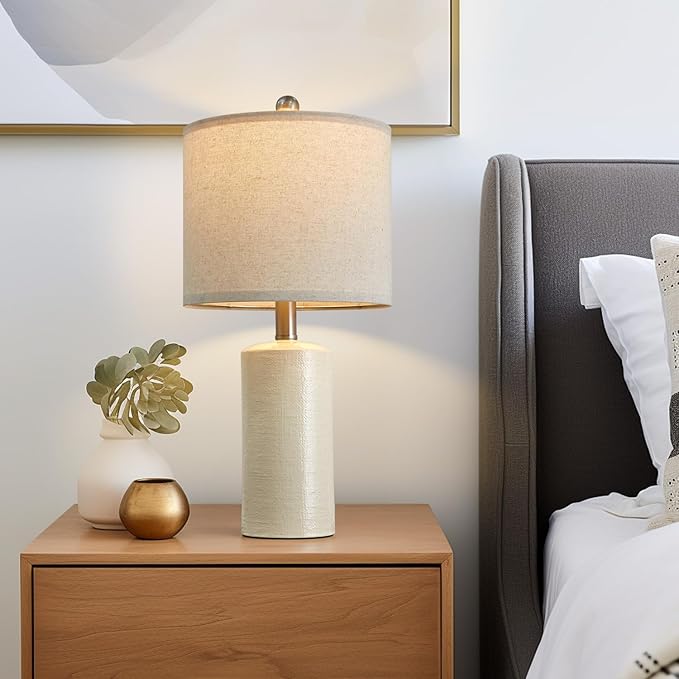 20.25" Small Single Table Lamp for Bedroom Modern Ceramic Nightstand Lamp Farmhouse Bedside Lamp Boho Living Room Lamp White Side Table Lamp End Table Lamp - LeafyLoom