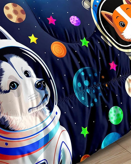 Dog Pattern Comforter Set - 3Pcs Cartoon Universe Dogs Theme Bedding Set for Boys Girls Kids Bedroom Kawaii Animal Pets Bedspreads Cover with 2 Pillowcases for All Season, Queen Size - LeafyLoom