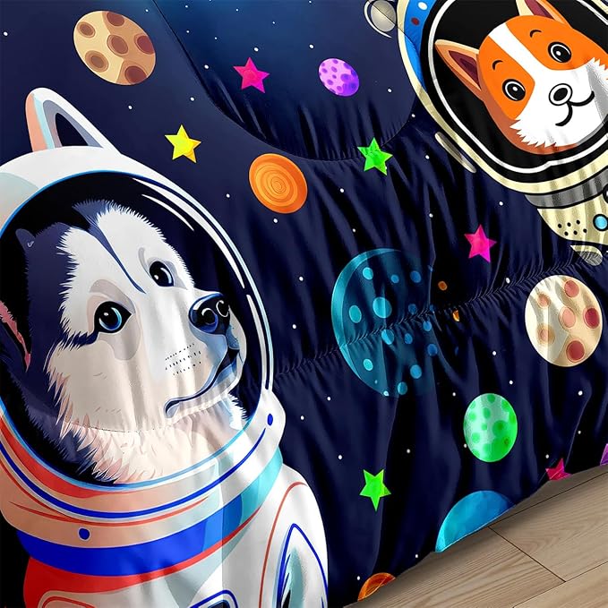 Dog Pattern Comforter Set - 3Pcs Cartoon Universe Dogs Theme Bedding Set for Boys Girls Kids Bedroom Kawaii Animal Pets Bedspreads Cover with 2 Pillowcases for All Season, Queen Size - LeafyLoom