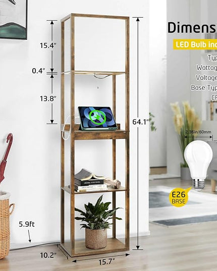 Floor Lamp with Shelves Plus, 4-Tier Wireless Charger Floor Lamp for Living Room Bedroom, USB and Type C Charging Ports 2 AC Power Outlets, 3CCT Color Selectable 15W Bulb(Brown). - LeafyLoom
