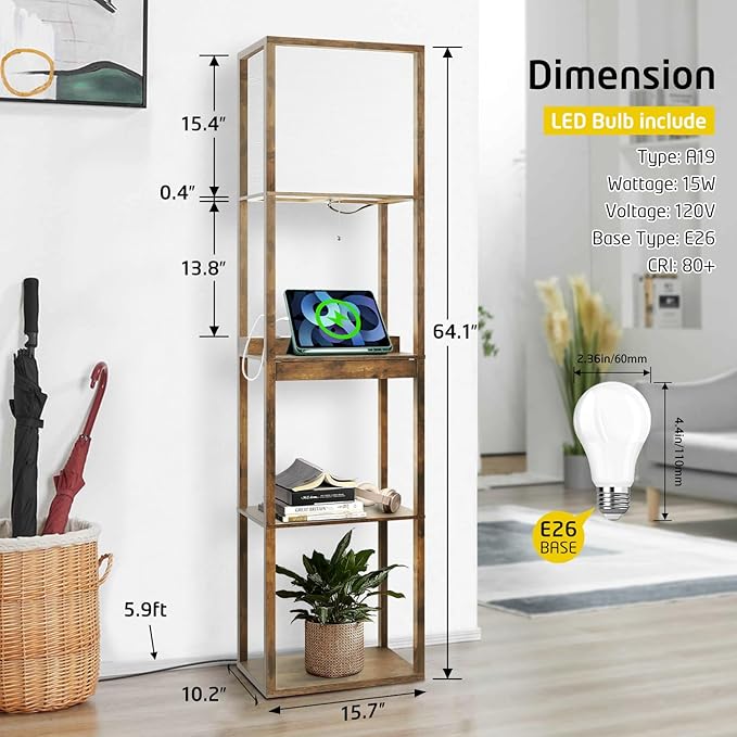 Floor Lamp with Shelves Plus, 4-Tier Wireless Charger Floor Lamp for Living Room Bedroom, USB and Type C Charging Ports 2 AC Power Outlets, 3CCT Color Selectable 15W Bulb(Brown). - LeafyLoom