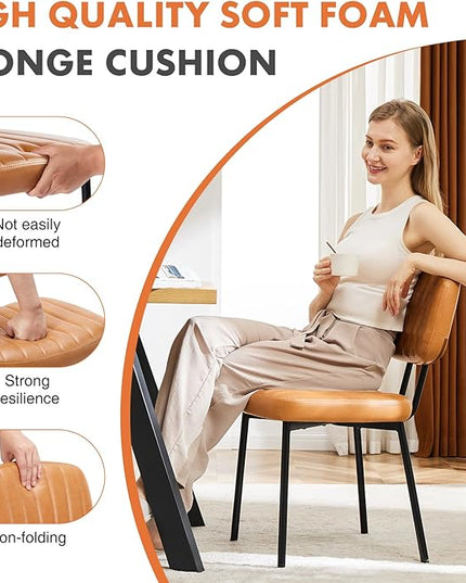 Sweetcrispy Dining Chairs Set of 4, Upholstered Mid Century Modern Kitchen Dining Room Accent Chairs with Faux Leather Cushion Seat & Metal Legs for Kitchen, Living Room - Brown - LeafyLoom