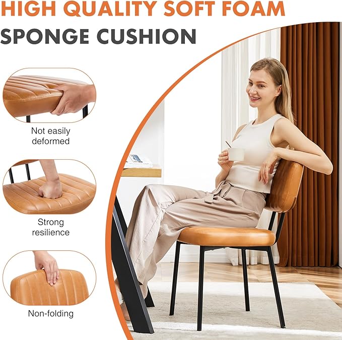 Sweetcrispy Dining Chairs Set of 4, Upholstered Mid Century Modern Kitchen Dining Room Accent Chairs with Faux Leather Cushion Seat & Metal Legs for Kitchen, Living Room - Brown - LeafyLoom