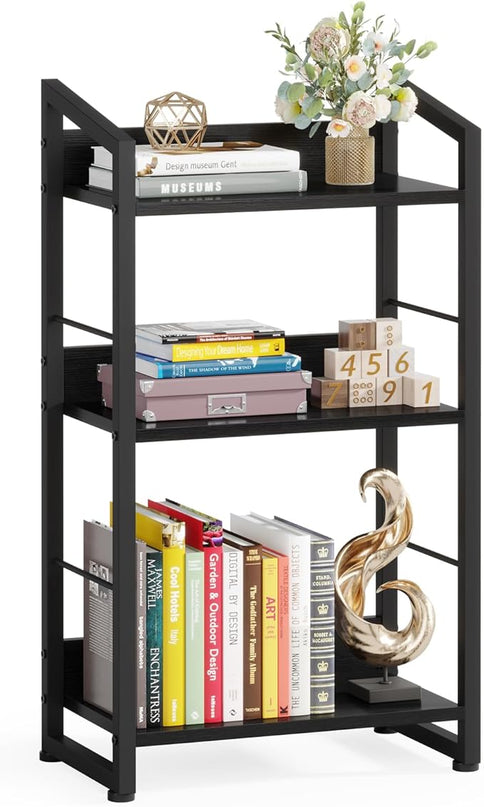 3 Tier Bookshelf: Small Modern Industrial Bookshelves for Bedroom, Short Bookcase Book Shelf for Small Spaces (Black) - LeafyLoom