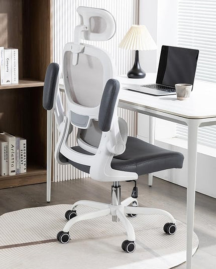 Home Office Chair High Back Computer Desk Chair Ergonomic Task Chair Executive Chair with Lumbar Support Recliner Chair with Adjustable Headrest,Flip-up Armrests (White/Gray with Meatl Base) - LeafyLoom