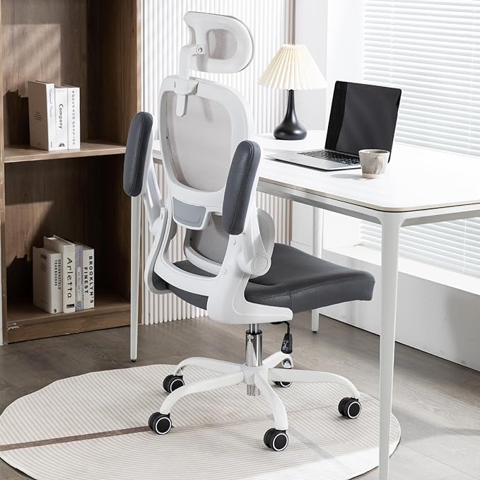 Home Office Chair High Back Computer Desk Chair Ergonomic Task Chair Executive Chair with Lumbar Support Recliner Chair with Adjustable Headrest,Flip-up Armrests (White/Gray with Meatl Base) - LeafyLoom