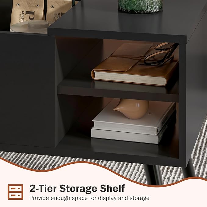 Lift Top Coffee Table with Storage, Black Wood Coffee Table with Lifting Top, Hidden Compartment and Open Shelves, Mid-Century Modern Coffee Table for Living Room, Small Space - LeafyLoom