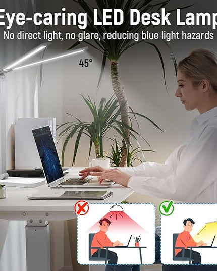 Bright LED Desk Lamp for Home Office - Dual Swing Arm Eye-Caring Architect Task Lamp, Adjustable Foldable Table Lamp, Dimmable Touch Control Desktop Lamp 5 Lighting Modes for Work/Study - LeafyLoom