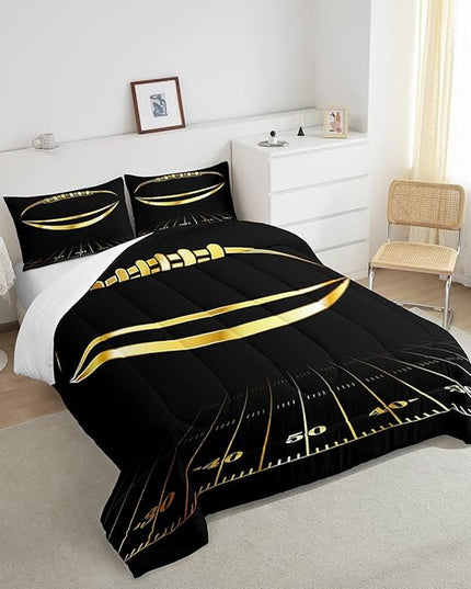Feelyou Football Bedding Set Twin Kids Rugby Sports Comforter Set American Football Comforter Set for Boys Golden Black Room Decor Lightweight Quilt Set with 1 Pillow Case - LeafyLoom