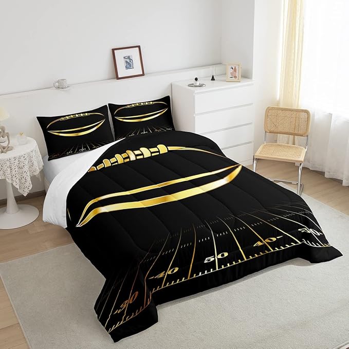 Feelyou Football Bedding Set Twin Kids Rugby Sports Comforter Set American Football Comforter Set for Boys Golden Black Room Decor Lightweight Quilt Set with 1 Pillow Case - LeafyLoom