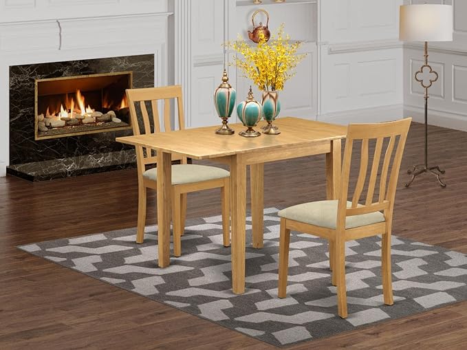 East West Furniture NDAN3-OAK-C Norden 3 Piece Set for Small Spaces Contains a Rectangle Dining Room Table with Dropleaf and 2 Linen Fabric Upholstered Chairs, 30x48 Inch, Oak - LeafyLoom