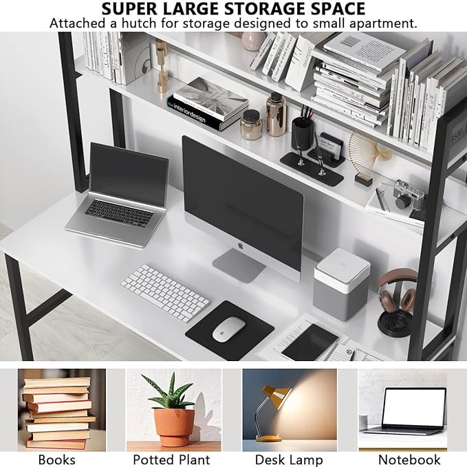 Aquzee Computer Desk with Hutch and Bookshelf, 47 inch Wide White Home Office Desk with 3 Tier Storage Shelves, for Study Writing Work, Easy Assemble - LeafyLoom