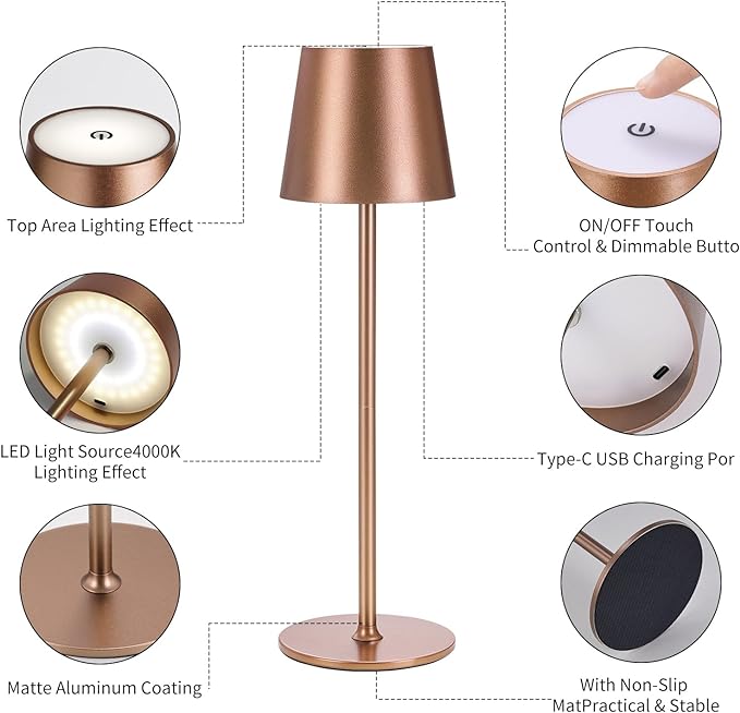 Cordless Table Lamps USB Rechargeable Simplicity Desk Lamp Built-in 4600 mAh Battery LED Battery Operated lamp with Touch Control Table lamp - Bedroom/Desk/Reading/Patio(Brown) - LeafyLoom
