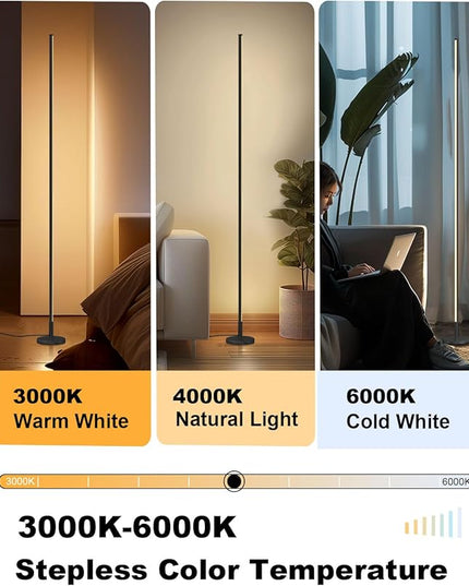Modern Corner Floor Lamp - 3000K-6000K LED Standing Lamp - Minimalist Dimmable Floor Lamp with Remote Control for Living Room, Bedroom (Black) - LeafyLoom