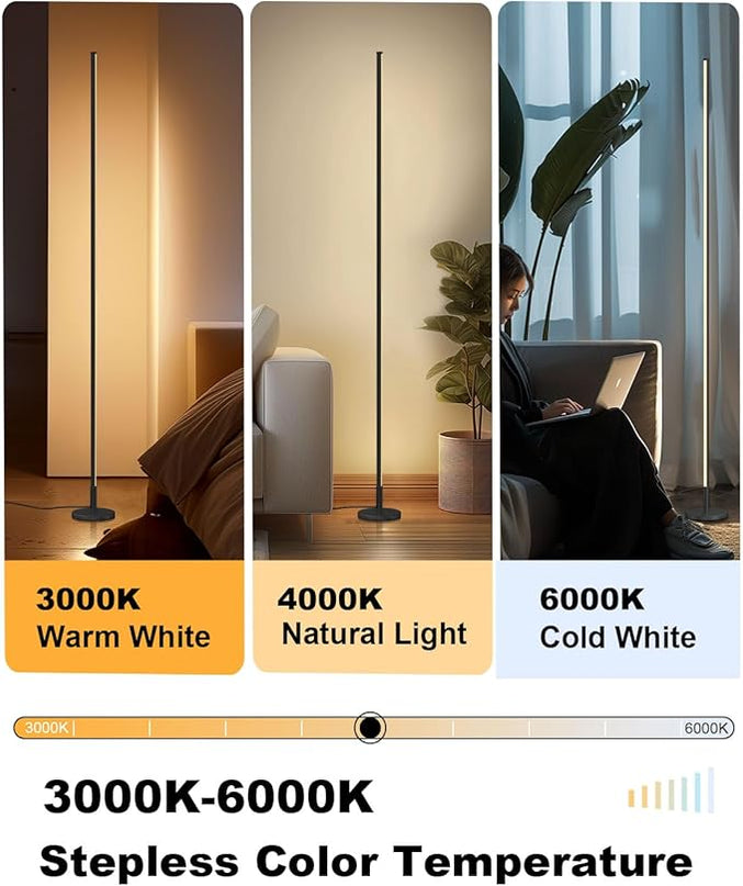 Modern Corner Floor Lamp - 3000K-6000K LED Standing Lamp - Minimalist Dimmable Floor Lamp with Remote Control for Living Room, Bedroom (Black) - LeafyLoom