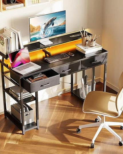 AODK 48 inch Computer Desk with 3 Drawers, Gaming Desk with LED Lights & Power Outlets, Home Office Desk with Storage Shelves & Monitor Stand, Modern Work Study Writing Table for Small Spaces, Black - LeafyLoom