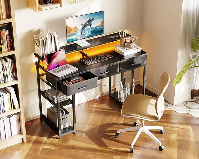 AODK 48 inch Computer Desk with 3 Drawers, Gaming Desk with LED Lights & Power Outlets, Home Office Desk with Storage Shelves & Monitor Stand, Modern Work Study Writing Table for Small Spaces, Black - LeafyLoom