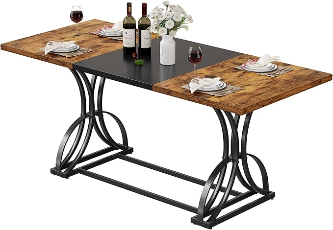 DWVO 70.3" Large Farmhouse Dining Table for 6-8 People, Rectangular Rustic Brown Kitchen Dining Room Table Industrial Wood Style with Heavy Duty Metal Legs, Apartment Dinette Tables for Eating Dinner - LeafyLoom