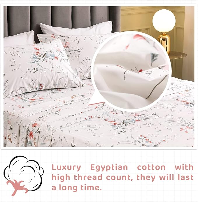 QSH Floral Queen Size Sheet Sets - 100% Egyptian Cotton Sheets Elegant Botanical Flower Leaves Bird Printed Bedding Sheets Queen Size Bed Extra Soft and Breathable 4pcs Deep Pockets Bed Sheets - LeafyLoom