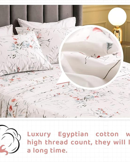 QSH Floral King Size Sheet Sets - 100% Egyptian Cotton Floral Bedding Sheets Botanical Bird Printed Bedding King Size Bed Sheets 17.5" Extra Deep Pocket 4pcs - LeafyLoom