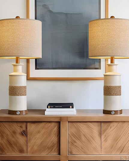 BOBOMOMO 24.5" USB A+C 3-Way Dimmable Touch Control Boho Table Lamp Set of 2 for Living Room Nightstand Beside Lamps for Bedroom(include two bulbs) - LeafyLoom