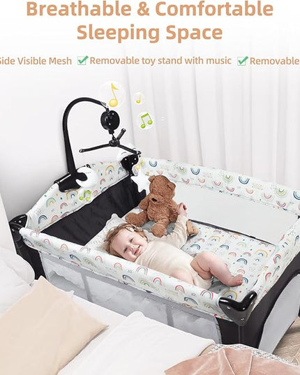 Kinder King 4 in 1 Portable Nursery Center, Foldable Baby Bedside Crib w/Bassinet, Infant Pack n Play Playard Toddler Large Playpen, Newborn Changing Table, Storage Basket, Side Zipper,Multicolour - LeafyLoom