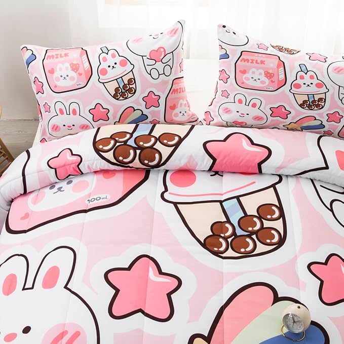 CVHOUSE Kawaii Bedding Full Size,Kawaii Rabbit Bedding Set for Girls Kids,Cute Rabbit Comforter Set Kawaii Rabbit Duvet Set Rabbit Pattren Quilt Set Girls Room Decor 3 Pieces - LeafyLoom