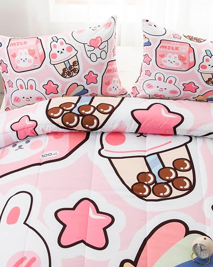CVHOUSE Kawaii Bedding Queen Size,Kawaii Rabbit Bedding Set for Girls Kids,Cute Rabbit Comforter Set Kawaii Rabbit Duvet Set Rabbit Pattren Quilt Set Girls Room Decor 3 Pieces - LeafyLoom