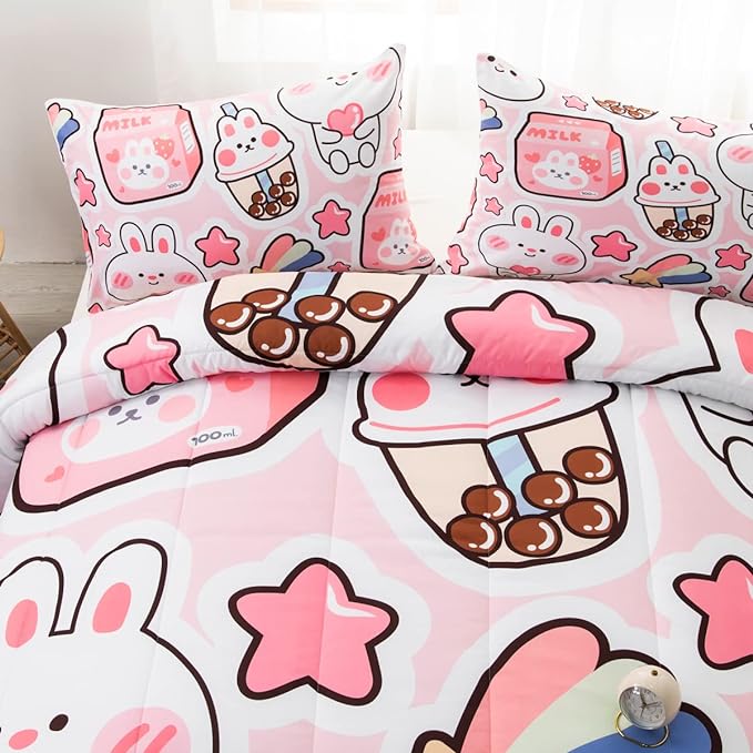 CVHOUSE Kawaii Bedding Queen Size,Kawaii Rabbit Bedding Set for Girls Kids,Cute Rabbit Comforter Set Kawaii Rabbit Duvet Set Rabbit Pattren Quilt Set Girls Room Decor 3 Pieces - LeafyLoom