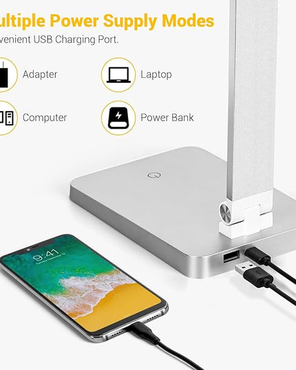 LED Desk Lamp for Home Office, 3 Levels Dimmable Desk Light with USB Charging Port, Small Study Lamp, Reading Light for Table, Sliver, 5000K - LeafyLoom