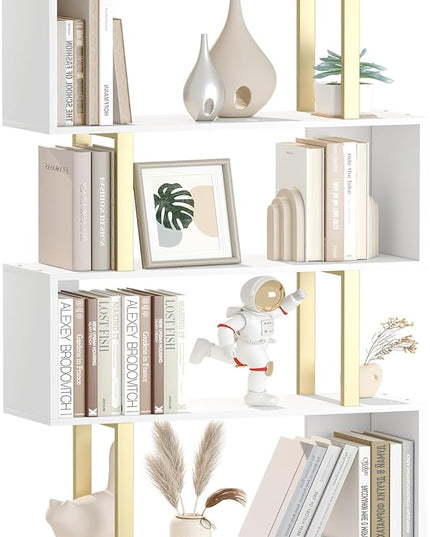 Yusong Geometric Bookcase, S Shaped Bookshelf 6-Tier Book Shelves for Bedroom, Modern Wood Decorative Display Shelf Tall Book Case for Home Office, Gold and White - LeafyLoom