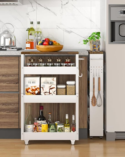 Slim Storage Cart, 4-Tier Kitchen Rolling Cart Narrow Storage Cabinet with Handle & Wood Top, Metal Rolling Shelf Unit for Kitchen Bathroom Laundry Small Places(5 in Width/White & Brown) - LeafyLoom