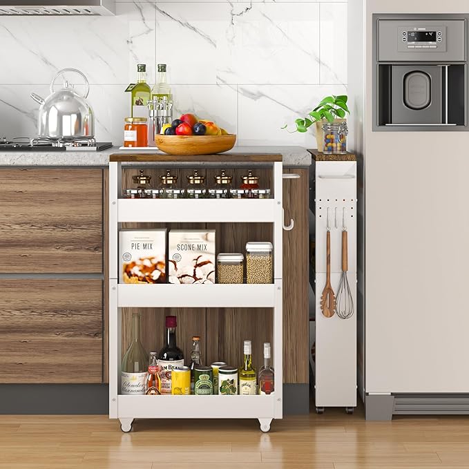 Slim Storage Cart, 4-Tier Kitchen Rolling Cart Narrow Storage Cabinet with Handle & Wood Top, Metal Rolling Shelf Unit for Kitchen Bathroom Laundry Small Places(5 in Width/White & Brown) - LeafyLoom