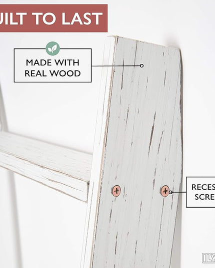 Ilyapa Blanket Ladder for Living Room, Towel Holder Stand - 54x18 Rustic Decorative Quilt Ladder, Blanket Ladders for Living Room Farmhouse, White Weathered Wood, Farmhouse Decor Living Room - LeafyLoom