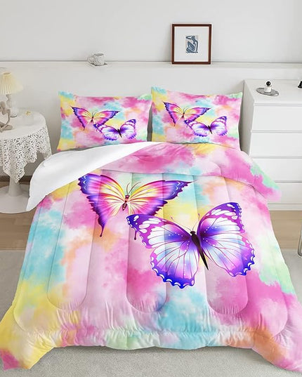 CVHOUSE Butterfly Bedding Set,Butterfly Comforter Full,Butterfly Comforter Set for Girls Kids Teens,Butterflies Quilt Set with 1 Comforter and 2 Pillow Cases - LeafyLoom