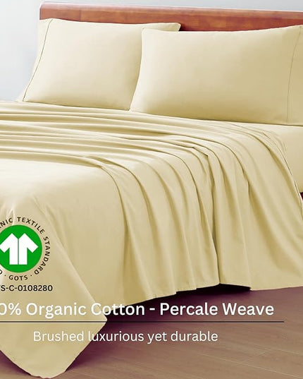 LANE LINEN King Size Bed Sheets - 100% Organic Cotton King Sheets, 4Pc Soft Percale Sheets King Size, Hotel Luxury Bed Sheets King Size, 15" Deep Pocket King Fitted Sheet, Oeko-Tex Sheets - Vanilla - LeafyLoom