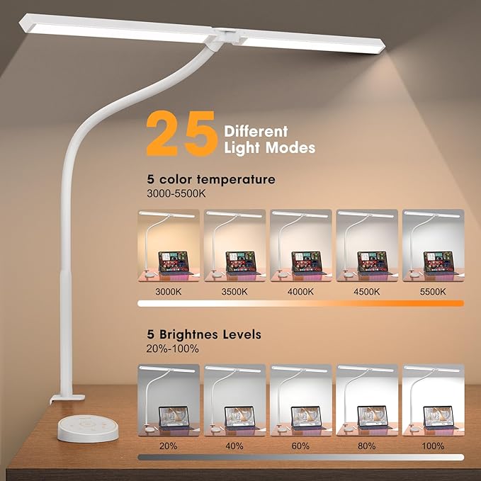 Led Desk Lamp for Office Home - Eye Caring Architect lamp with Clamp,Dual Screen Computer Monitor Gooseneck Smart Light: 24W 5 Color Flexible Adjustable Lighting Table Lamp for Study White - LeafyLoom
