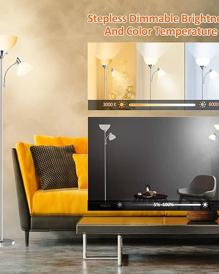 Floor Lamp, Remote Control with 4 Color Temperatures, LED Torchiere Floor Lamp with Adjustable Reading Lamp for Bedroom, Standing Lamps for Living Room, Bulb Included (Brushed Nickel - LeafyLoom